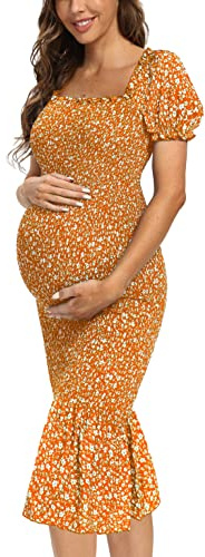 Vår lång puffärm moderskapsklänning blommig volang fåll sjöjungfru baby dusch/fotografering klänning, Korall-orange, M