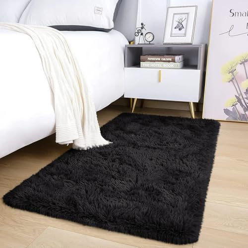 AMEHA Alfombra de pelo largo para sala de estar y dormitorio, 60 x 110 cm, antideslizante, súper suave, mullida, pelo grueso, no desprende pelusa, color negro