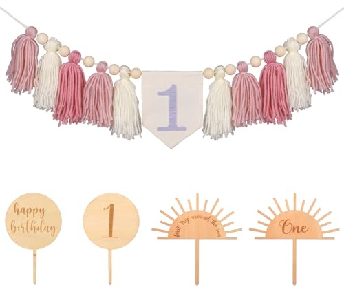 BOXOB Pink Tassel Banner, 1st Birthday High Chair Banner with Wooden Signs Sweet Baby Birthday Banner Wall Hanging Decorative Backdrop for Girls Bedroom Home Nursery Party Celebration Decoration