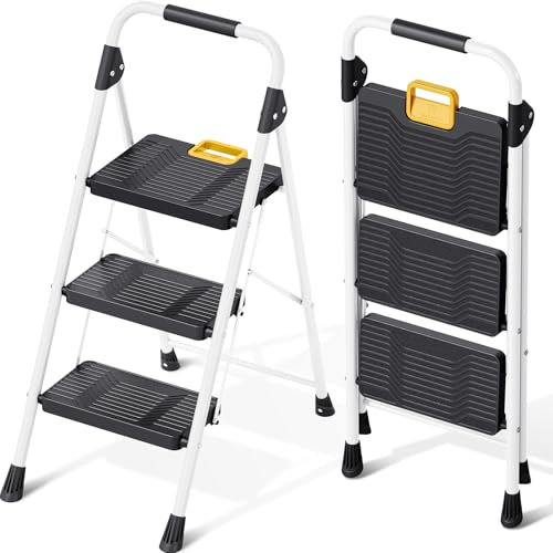 KINGRACK Scaletta 3 Gradini, Scala Pieghevole Portata 360 kg, con Blocco di Sicurezza, Ampio Pedale Antiscivolo, Corrimano, Scala Domestica Leggera in Acciaio, per Casa Cucina Armadi Ufficio, Bianco