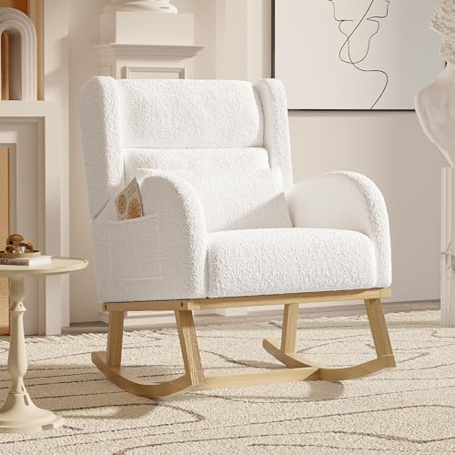 YLSZHY Fauteuil à bascule en polaire pour chambre d'enfant, coussin lombaire, pieds en bois massif, poches latérales, canapé simple de loisirs moderne pour salon, chambre à coucher