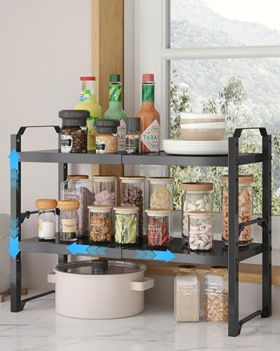 UMDONX 2 Stück Küchenregal Arbeitsplatte Stehend Ausziehbar von 32,5-52 cm,Stapelbares Gewürzregal aus Metall Regaleinsatz für Küchenschrank Schrankeinsatz Organizer(Schwarz)