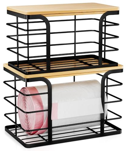Stylstoreazy 2 Pack Stackable Storage for Kitchen Laundry Pantry Organizers,Trash Bag Holder with Bamboo Top,Wall Mount Garbage Bag Dispenser,Black Large and Small