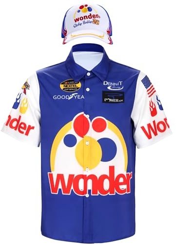 Cossoul Ricky Bobby Costume Men Short Sleeve Ricky Bobby Shirt Hat Halloween Race Car Driver Costume, Blue, XL