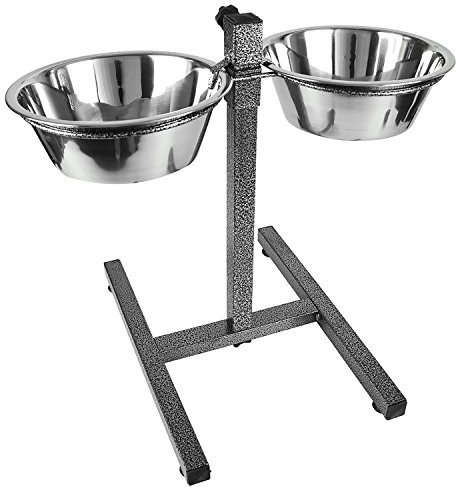 Dog Elevated Food Bowl Holder Set - Raised Cat Feeding Station Stand - Adjustable Height Pet Double Feeder - 2 Stainless Steel Water Bowls (Large)