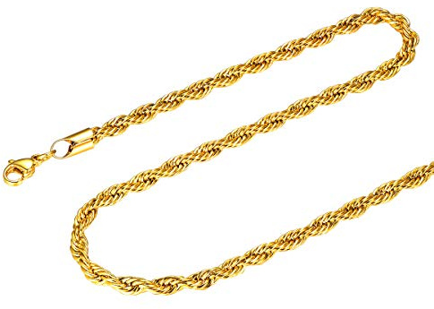 FOCALOOK Mens Twist Rope Chain Necklace, Waterproof Gold Plated/Silver/Black Stainless Steel Jewellery, 18 20 22 24 26 28 30 Inch -with Gift Box