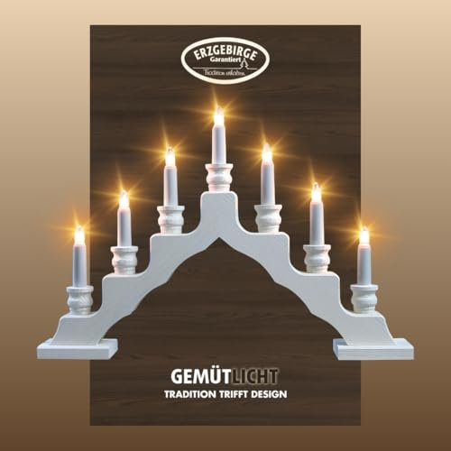 weigla - Schwedenleuchter original Erzgebirge I Trendiger Schwede WEIẞ I LED I Schwibbogen Weihnachten I 7 Lampenkerzen + 1 Ersatzlampe I 7 x 34 V, 0,2 W, E10 I Weihnachtsdeko innen I Kiefernholz