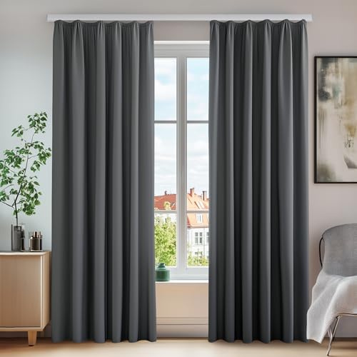 Deconovo Termogardiner med veckband ogenomskinligt bullerskydd, 260 x 140 cm (höjd x bredd), mörkgrå, set om 2