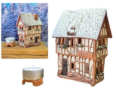 Midene Keramik Lichthaus, Teellichthalter und Räucherkegelhalter, Künstlerisches Miniatur-Nachbildung des Hauses an der Mosel in Bernkastel-Kues, Deutschland - R255SN