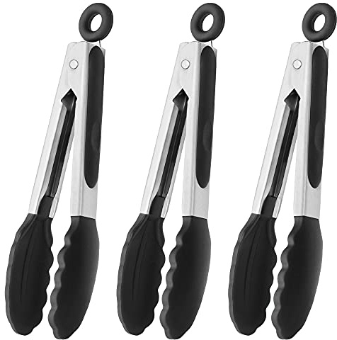 HINMAY Mini Tongs with Silicone Tips 7-Inch Kitchen Tongs, Set of 3 (Black)