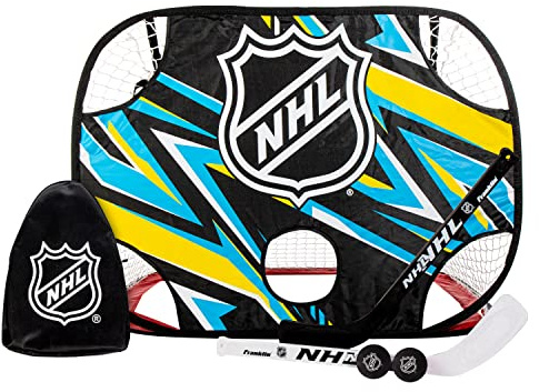 Franklin Sports NHL Kids Mini Hockey Goal + Shooting Target Set - Knee Hockey Pop Up Goal + Shooter Tutor with (2) Mini Sticks + (2) Foam Balls