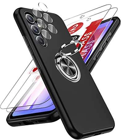 LeYi for Samsung Galaxy A54 Phone Case with 2 Screen and 2 Lens Protector | Invisible Metal Ring Stand Holder Shockproof Protective Mobile Cover for A 54 - Black