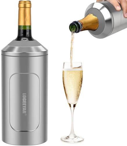 Flaschenkühler für Wein Champagner, 750ml Weinkühler mit Deckel, Doppelwandiger Edelstahl Sektkühler, Champagnerkühler, Tragbare Getränkekühler Outdoor, Geschenke für Weinliebhaber, Silber