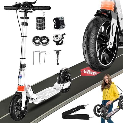 CXYTX Cityroller Tretroller Erwachsene 150 kg Tragkraft, 200mm Big Wheel Kids Scooter, Klappbarer Cityroller mit Handbremse und Doppelten Federung, Kickboard Klappbar & Höhenverstellbar,Weiß