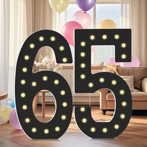 LOBOOM 4FT Marquee Light Up Numbers, Black Giant Marquee Number Big Mosaic Number for 65th Birthday Party Decorations Backdrop Anniversary Decor, Pre-Cut Frame