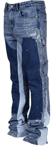 M&Catree Herren Flared Jeans Y2K Streetwear Denim Hose Tintenspritze Patchwork Bootcut Baggy Freizeithose Hip Hop Skateboard Hosen - Dunkelblau, S