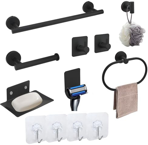 IBEQUEM Set supporto carta igienica nero | Supporto da parete stabile, colore nero, set completo per bagno, cucina e lavanderia domestica
