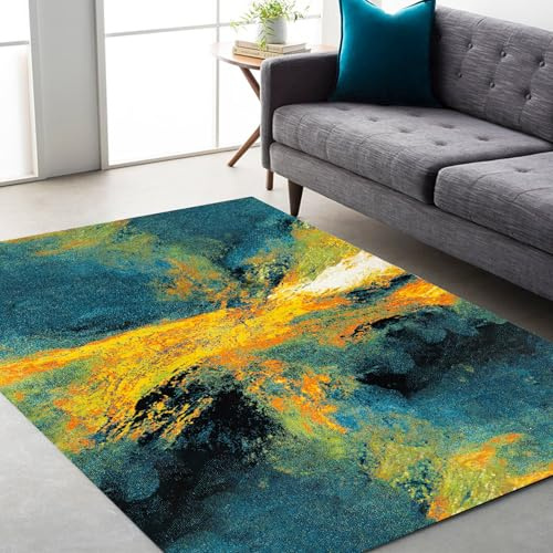 Generisch Extra Große Teppich Wohnzimmer Schlafzimmer Deko Waschbar Anti-Rutsch, Dunkelblau Grün Gelb Orange Aquarell Muster, Bunt, 200 x 300 cm