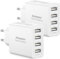 Cargador USB 2Pack, Enchufe USB Multiple 4 Puertos 25W/5A Cargador Móvil Carga Rapida cargador Multiple usb cargador Rapido Carregador para iPhone 16/15/14/13/12/11/X/8, Samsung S25/S23/S22/S21,Xiaomi