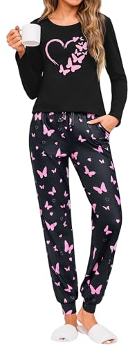 Leversic Pijama de Invierno para Mujer Conjunto de Algodón Pijamas con Manga Larga y Pantalón Largo Ropa de Dormir con Estampado de Mariposas S-XXL(Rosa,L)