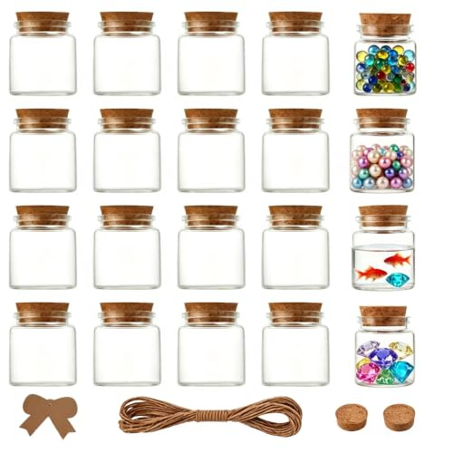 Ksnowqi 20pcs Botes Cristal Pequeños con Tapon Corcho, Tarros Pequeños de Vidrio de 50 ml con Tapones de Corcho, Mini Transparent Botellas de Cristal Tapo0n Corch para Decoración, Fiestas