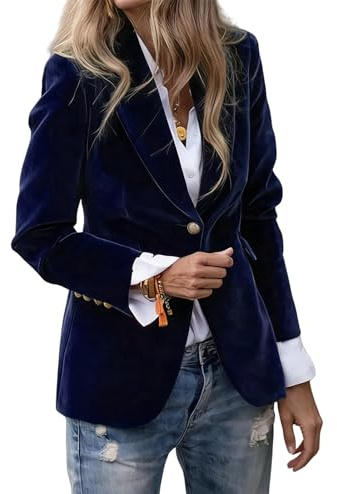 Generisch Chaqueta blazer de terciopelo para mujer, estilo vintage, corte ajustado, con botones, ropa exterior informal de negocios de manga larga, azul, XXL