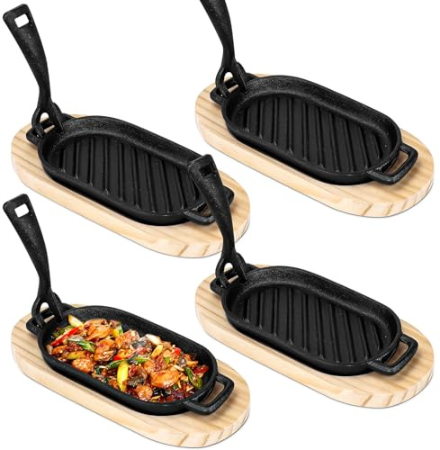 4er Set Gusseisen Fajita Pfannen, 22 x 11 cm Kleine Sizzler Steakplatten mit Holzunterlage & abnehmbaren Griff, Mini Gusseisenpfanne Servierpfanne für Küche, Restaurant, BBQ & Party