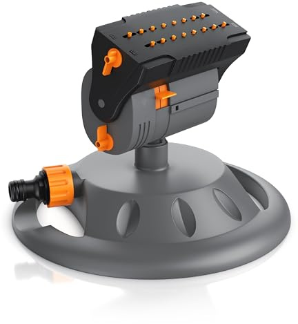 Brandson - Gartensprinkler 3/4 Zoll mit Standfuß - Garten Rasensprenger 16 Düsen - Oszillation-Funktion – Einstellbarer Sprühwinkel kleine Fläche große Flächen – Inkl Adapter 1/2 Zoll