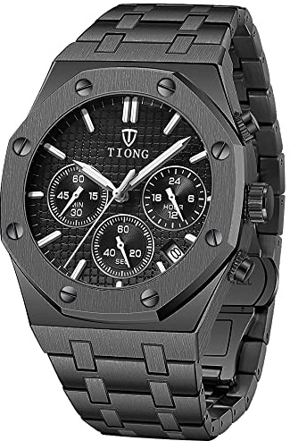 Tiong Uhr Chronographen Edelstahl Wasserdicht Luxus Armbanduhr Männer Edelstahlarmband Business Schwarz Uhren für Mann Quarzuhr,Vatertagsgeschenk