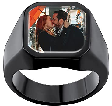 INBLUE Männer Ringe Edelstahl in Silber Personalisierte mit Foto Siegelring Schmuck Herren Erinnerung Personalisierte Geschenke für Freund Geburtstag Jahrestag (Schwarz Größe 55)