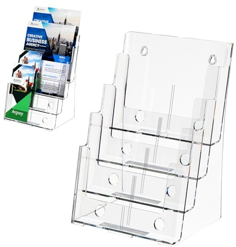Argvey Acrylic Brochure Holder 8.5 x 11 inches, 4 Tier Clear Brochure Display Stand with Removable Divider for Trifold 4 Inches Wide Pamphlet, Plastic Flyer Holder for Magazine, Literature, Booklet