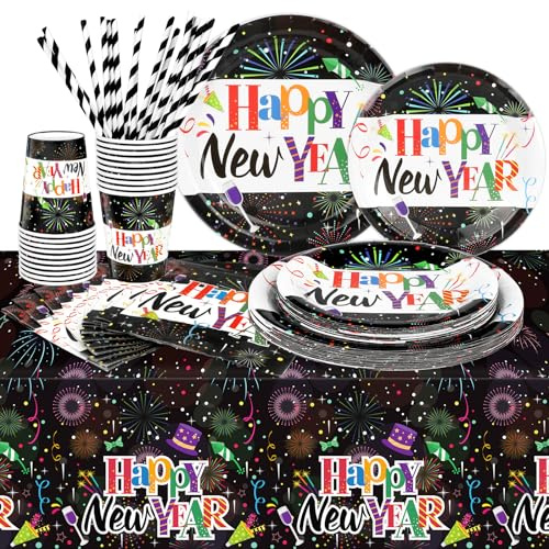 DPKOW Silvester Deko 2026, Tischdecke Silvester Pappteller Silvester Servietten Happy New Year Pappbecher Strohhalme Papier für Deko Silvester Party 2026 Neujahr Deko Silvester Tischdeko,101 Stk