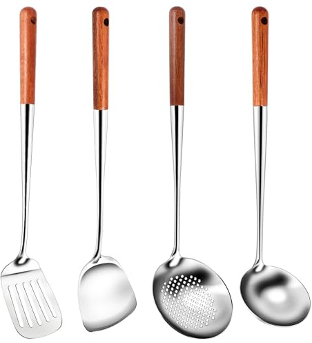FutureHight Set di utensili da cucina con spatola lunga per wok da cucina, mestolo con intaglio, in acciaio inossidabile, 500170270