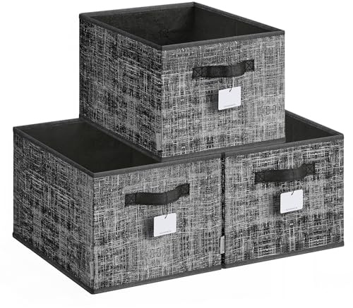 SONGMICS Collapsible Storage Boxes, Set of 3 Fabric Storage Baskets, 40 x 30 x 24 cm, Wardrobe Storage Organisers, 2 Handles, Label Holders, for Bedroom, Living Room, Ink Black ROB440B01