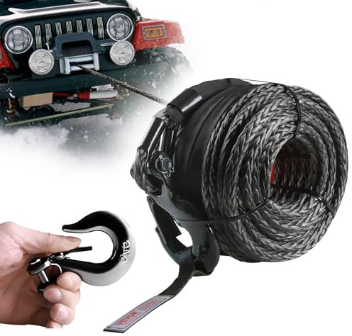 VEVOR Synthetic Winch Line, 3/8 Inch x 85 Feet - 26,500 lbs Capacity with Protective Sleeve + Forged Winch Hook + Pull Strap, Universal Fit for SUV, Large Off-Road Vehicle, Truck