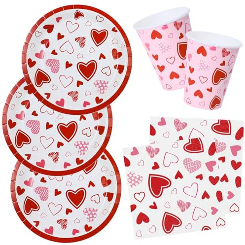 HNH Saint-Valentin Assiettes, Serviettes et Gobelets en papier jetable 52 pièces Vaisselle de fête