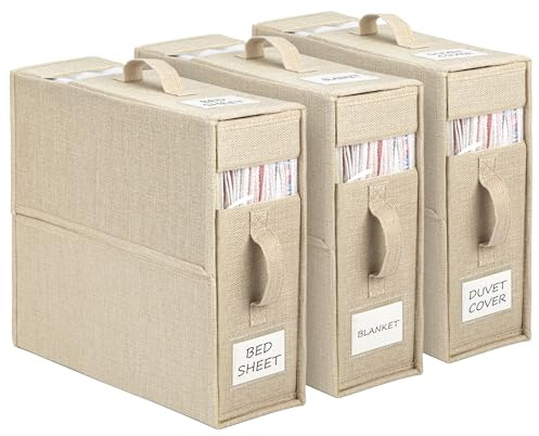 Yeahshion Sac de Rangement pour Draps de Lit, Lot de 3 Organisateurs de Literie Pliables, Rangement Pratique de la Literie et des Couvertures pour Lits King et Queen Size, Beige