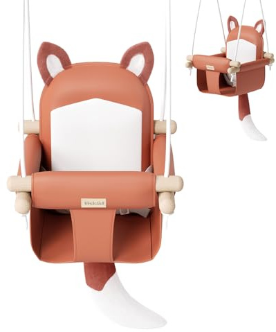Babyschaukel aus Holz mit weichem Sicherheitsgurt, gemütlicher Babyschaukel für drinnen und draußen, höhenverstellbar, inklusive Befestigungsmaterial, geeignet für Babys & Kleinkinder (Fuchs-Motiv in