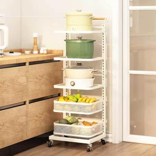 3-Tier Extendable Microwave Oven Rack - White Kitchen Counter Shelf Free-Standing Pot Rack with 5 Boards & 2 Baskets Perfect for Saucepans & Kitchen nization
