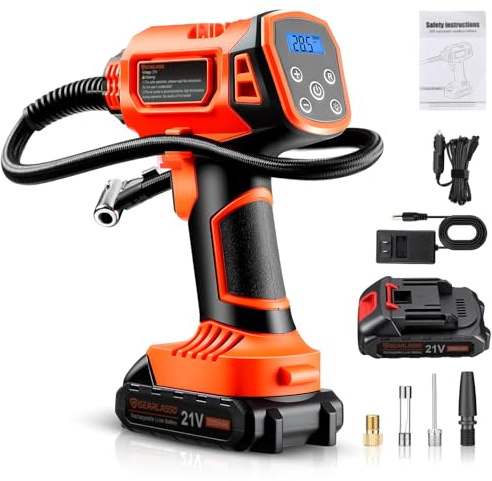 GEARLASSO Portable Cordless Car Tyre Inflator with Digital Pressure Gauge, 160PSI Handheld Rechargeable Air Compressor Pump for Car, Bike, Motorcycle & Ball, 12V DC and 20V Portable Air Pump