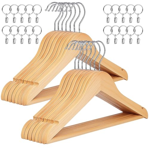 20 Pack Wooden Baby Hangers Wood Kids Hangers with Ring Clips for Closet Children Clothes Hangers with Pants Bar Shoulder Notches Swivel Hooks,12.5X 7.5 Inches