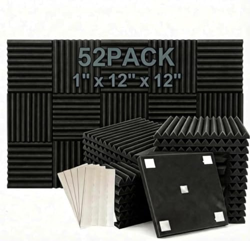 52 Pack 12 X 12 X1 Acoustic Panels Studio Soundproofing Foam Wedge Tiles(Accompanied By Double-Sided Adhesive Tape) (52BLACK)