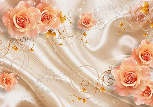 wandmotiv24 Fototapete Rosen Ornament Stofftuch, XL 350 x 245 cm - 7 Teile, Wanddeko, Wandbild, Wandtapete, Blumen, Gold, Seide M1223