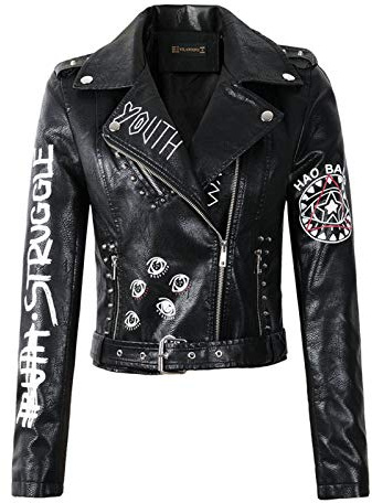 WYLLA Freizeit Schwarze Graffiti-Lederjacke Damen Spring Punk Moto Coat Cropped Faux Jacken Mit Gürtel PUC Material Größe M