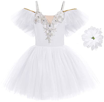 IMEKIS Abito da Classica Danza per Ragazze di Fiori con Maniche a Balze Body da Ginnastica Ricamato Gonna Tutu Costume da Ballo Principessa Balletto Ballerina Dancewear