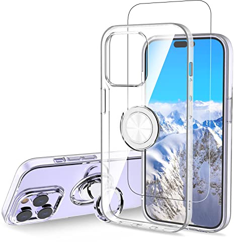 WATACHE Case for iPhone 14 Pro, Clear Bumper Case with Ring Stand Built-in 9H Tempered Glass Screen Protector for iPhone 14 Pro 6.1 inch 2022, Clear