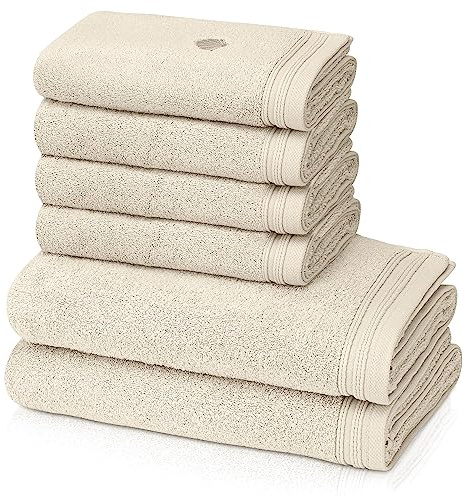 KLASBROOK® Linnea 6 teiliges Luxus Handtücher Set Sand, extra flauschig und saugfähig aus 100% Baumwolle Oeko-TEX 100 Zertifiziert mit Aufhänger, 4 Handtücher 50x100 + 2 Badetücher 70x140