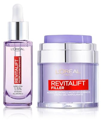 L'Oréal Paris Routine Rimpolpante e Anti-rughe, Con Siero Viso e Crema-Gel, Pelle Idratata più a Lungo, Rughe Ridotte, Con Acido Ialuronico, Revitalift Filler