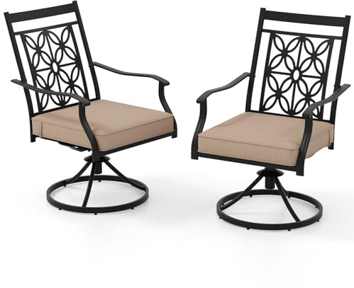 KOMFOTTEU Gartenstühle 360° drehbar, Balkonstühle mit gebogenen Armlehnen und Kissen, Terrassenstühle Metall bis 150kg, Drehstühle Outdoor-Sessel für Terrasse, Balkon, Bistrot | Outdoor-Sessel aus Metall und Textilene-Gewebe, belastbar bis 150 kg, für Terrasse, Balkon, Bistro