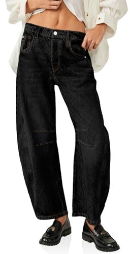 Imily Bela Damen Baggy Jeans, Boyfriend Stil, Vintage, weites Bein, Mid Rise Barrel-Denim Knöchelhosen(Plus Größen bis 4XL) Weiblich Jeans Schwarz 8